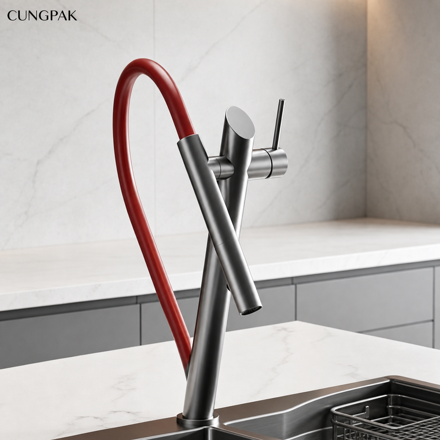 CUNGPAK gunmetal and red pull-down kitchen faucet front view