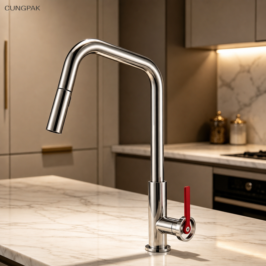 CUNGPAK brushed silver and red 3-mode pull-down kitchen faucet