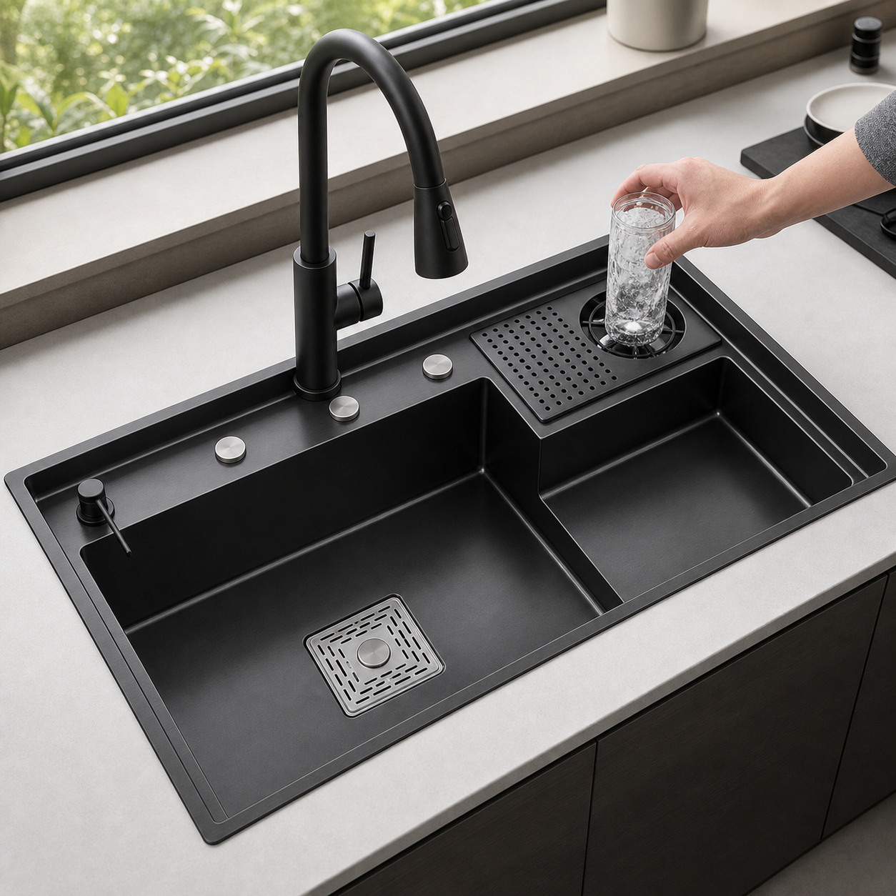 CUNGPAK black stepped workstation kitchen sink with cup washer