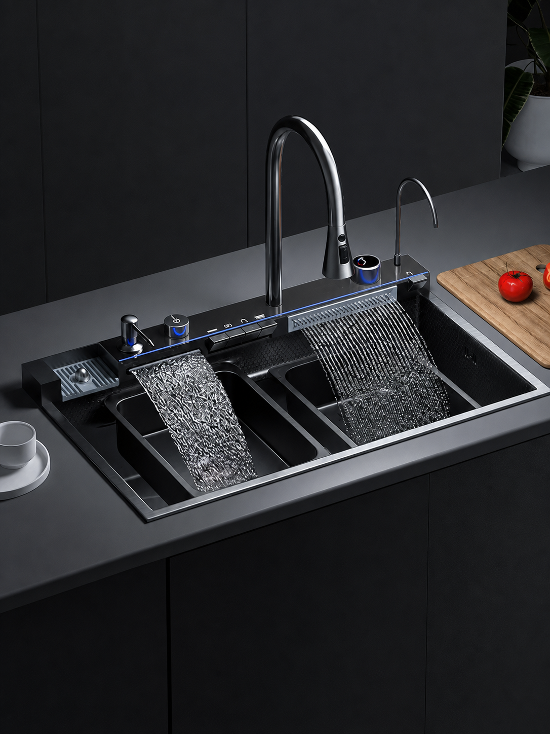 CUNGPAK gunmetal rainfall waterfall workstation sink in a modern kitchen