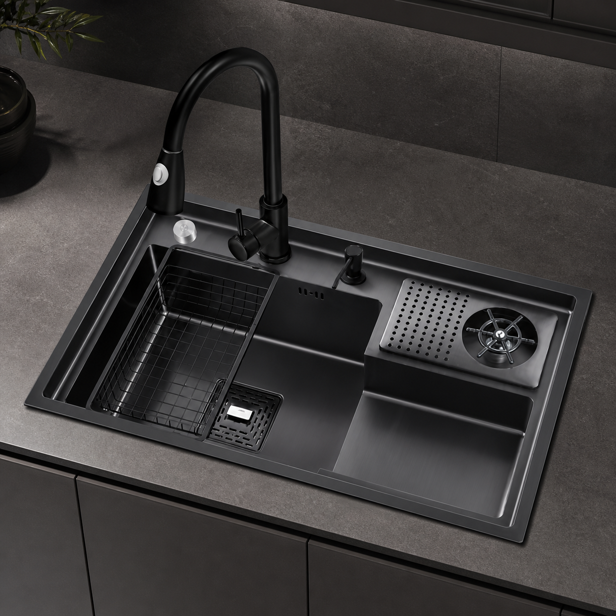 CUNGPAK gunmetal nano-textured stepped workstation kitchen sink with cup washer