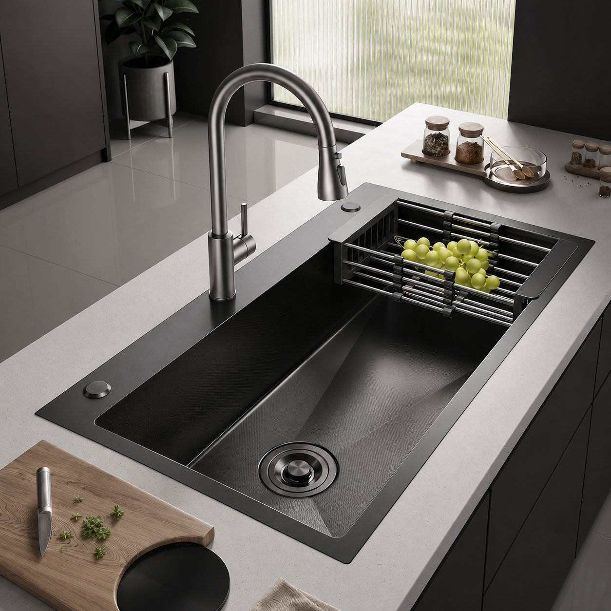 CUNGPAK black textured SUS304 single-bowl kitchen sink with pull-out faucet