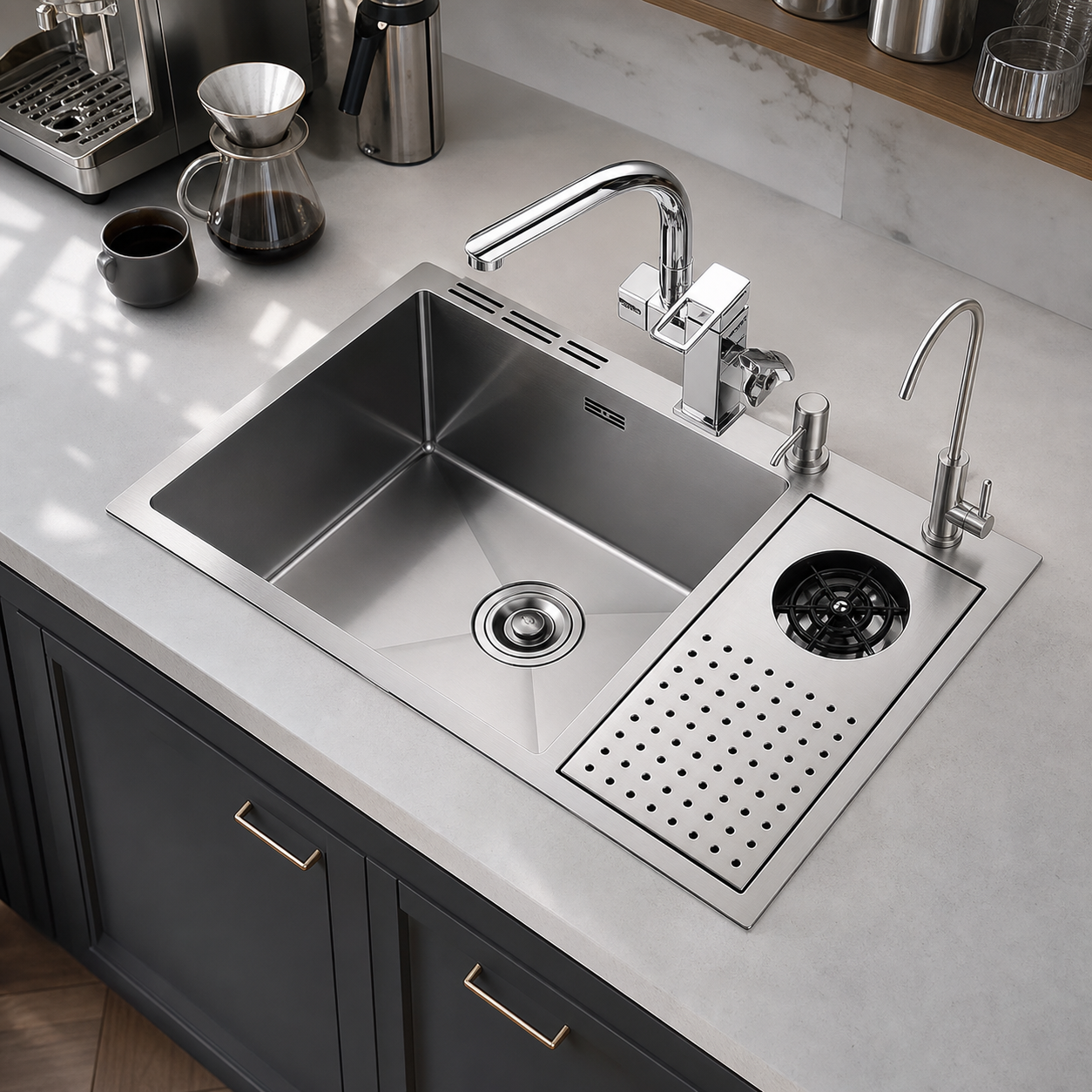 CUNGPAK brushed stainless steel beverage-station sink with cup washer