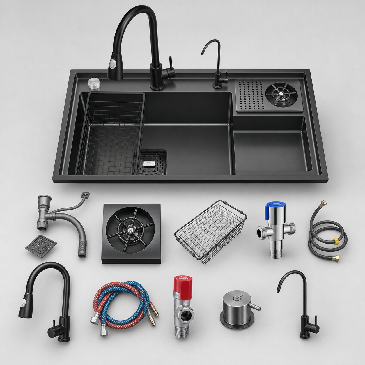 CUNGPAK workstation sink kit with pull-out faucet filtered-water faucet and drain control