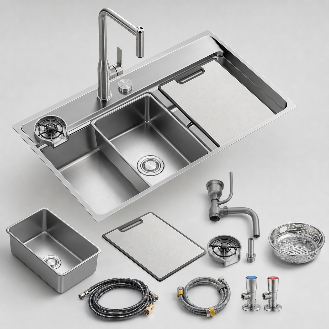CUNGPAK silver sloped sink complete set with pull-out faucet cup washer and drain control