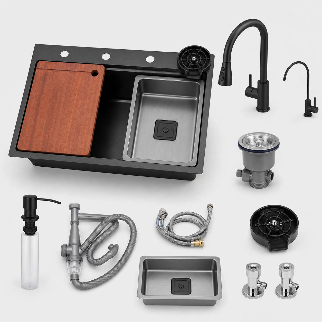 CUNGPAK black workstation sink set with pull-out faucet filtered-water faucet and cup washer
