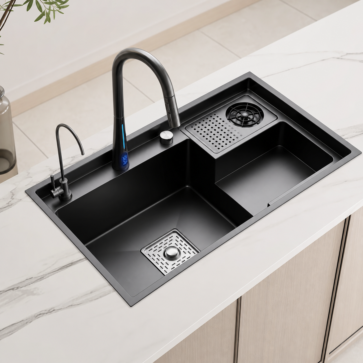 CUNGPAK stepped workstation sink with blue-arc digital faucet