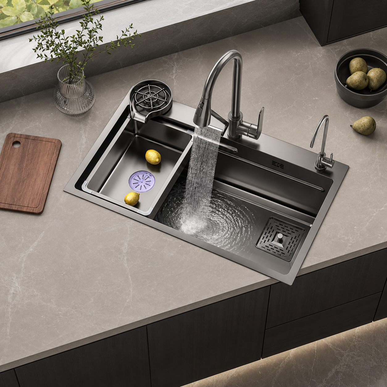 CUNGPAK gunmetal workstation sink with rainfall faucet and cup washer