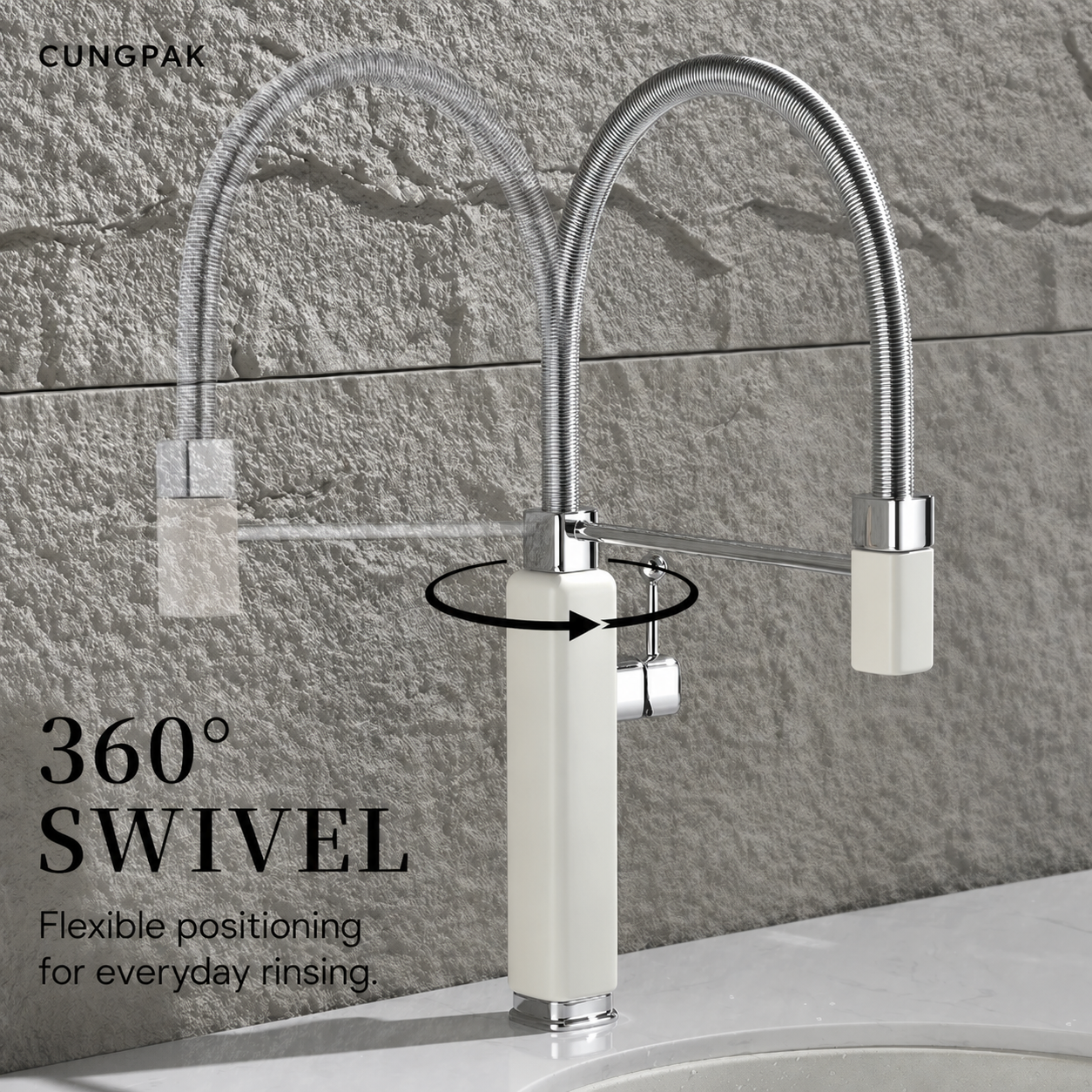 CUNGPAK kitchen faucet showing 360-degree swivel movement