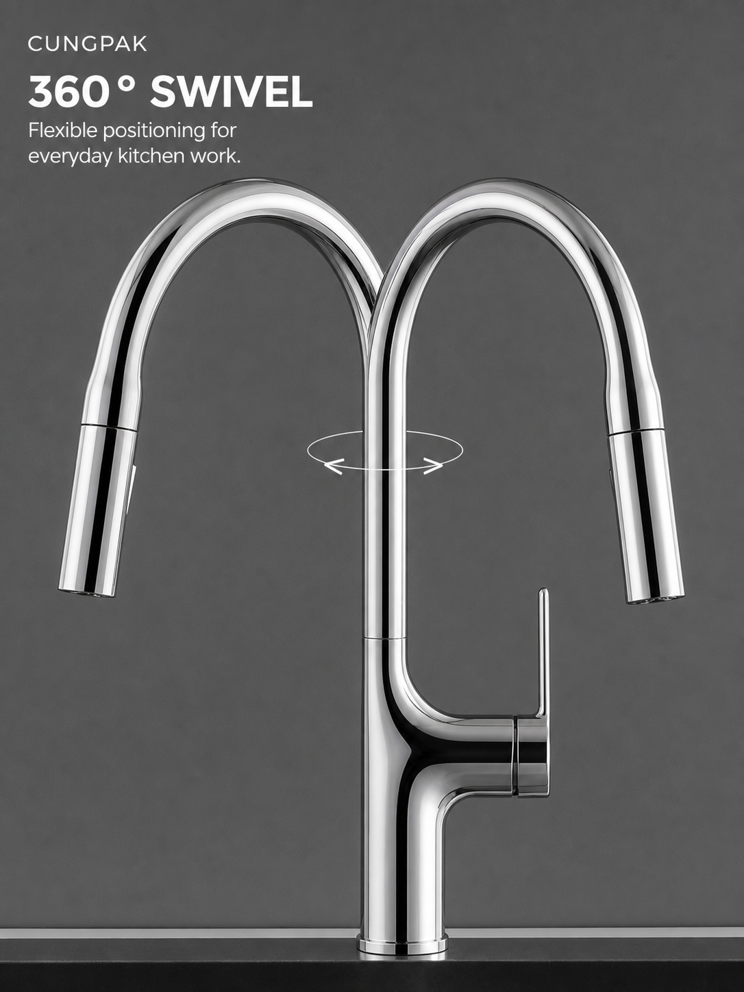 CUNGPAK polished-silver kitchen faucet demonstrating 360-degree swivel movement