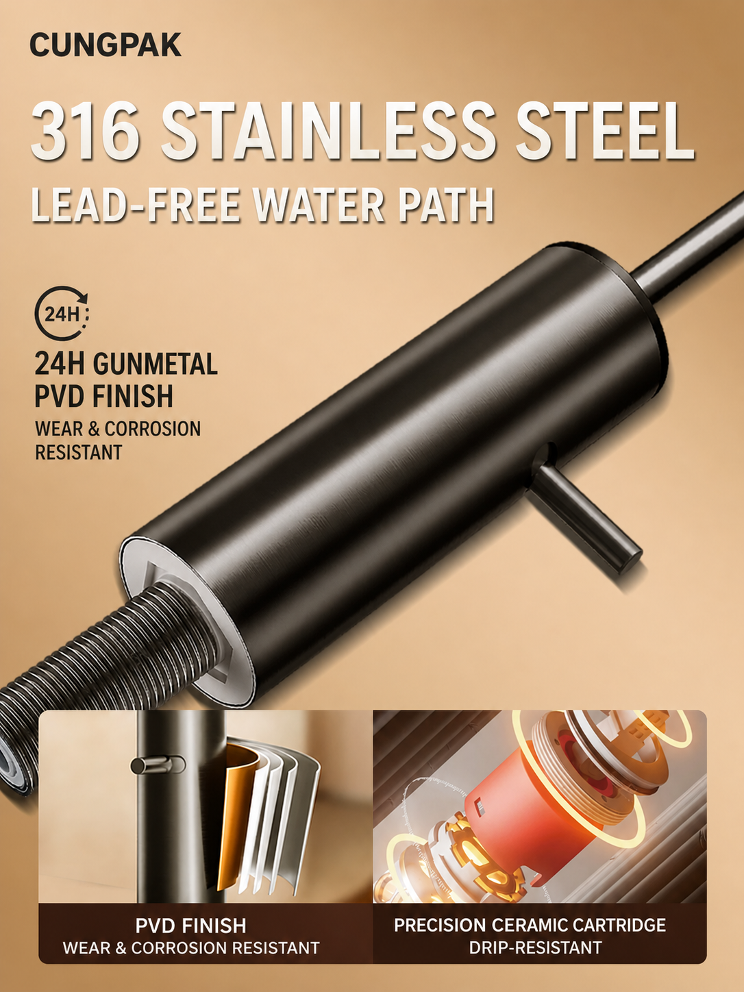 316 stainless steel construction, PVD finish and ceramic cartridge details