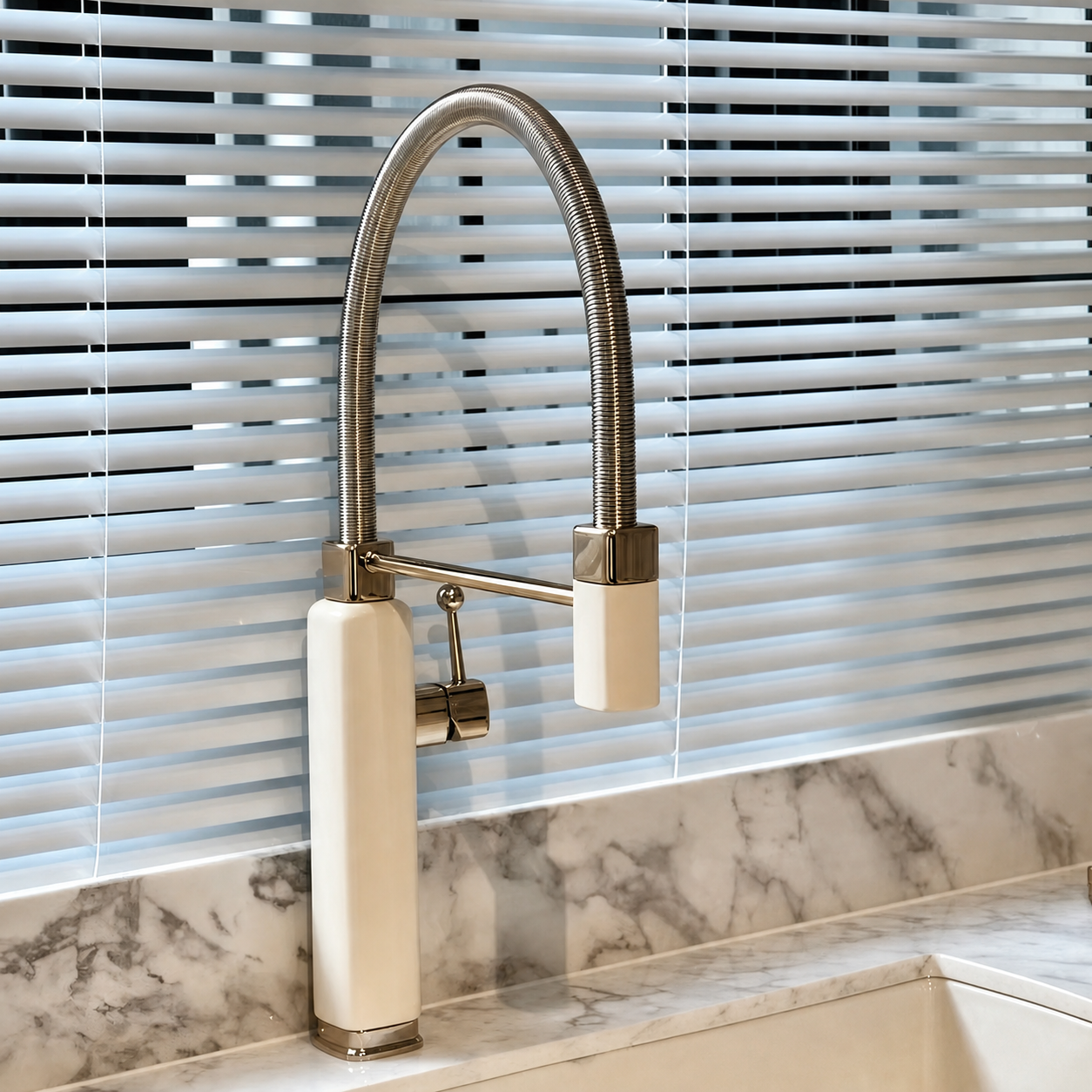 CUNGPAK cream-white flexible pull-down kitchen faucet with polished chrome details