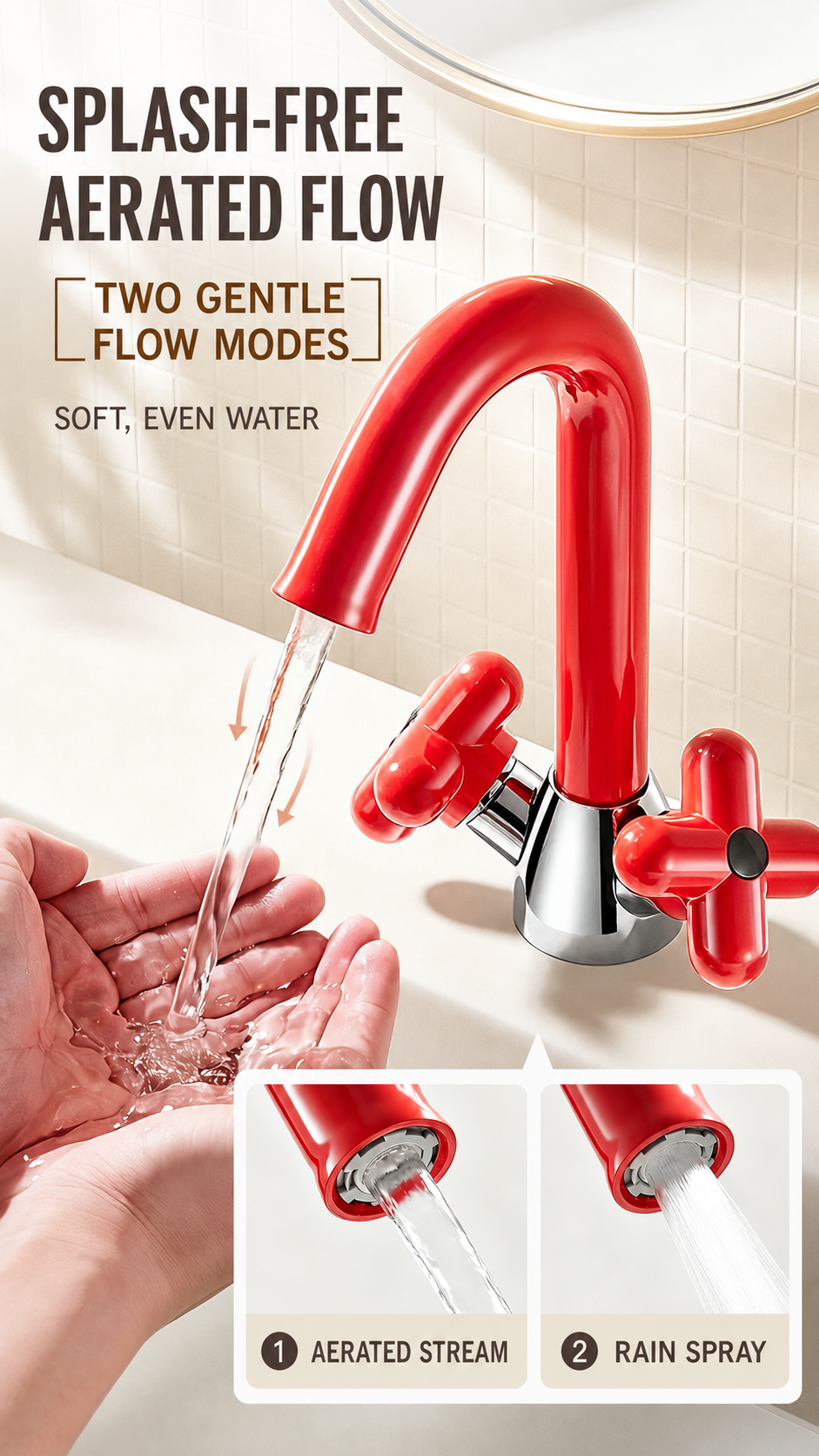 Dual-flow modes and 360 degree swiveling spout
