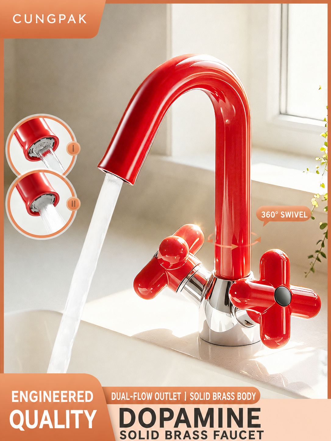 CUNGPAK dopamine dual-handle brass basin faucet in Mystery Red and Forest Green