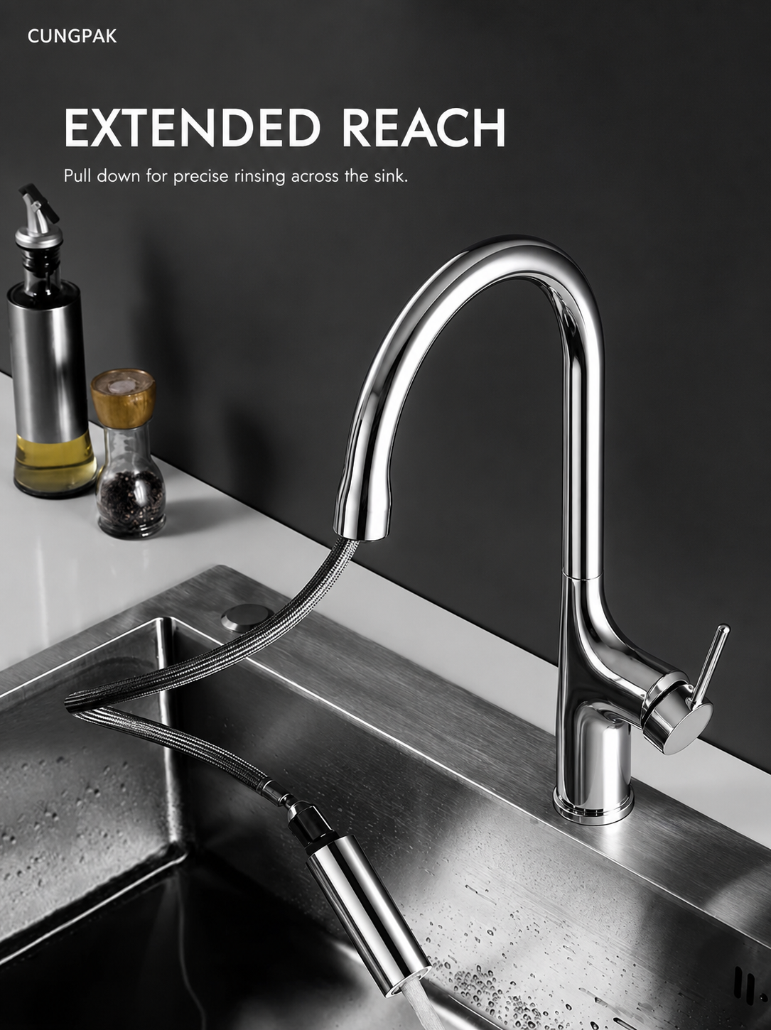 CUNGPAK polished-silver kitchen faucet showing extended pull-down reach