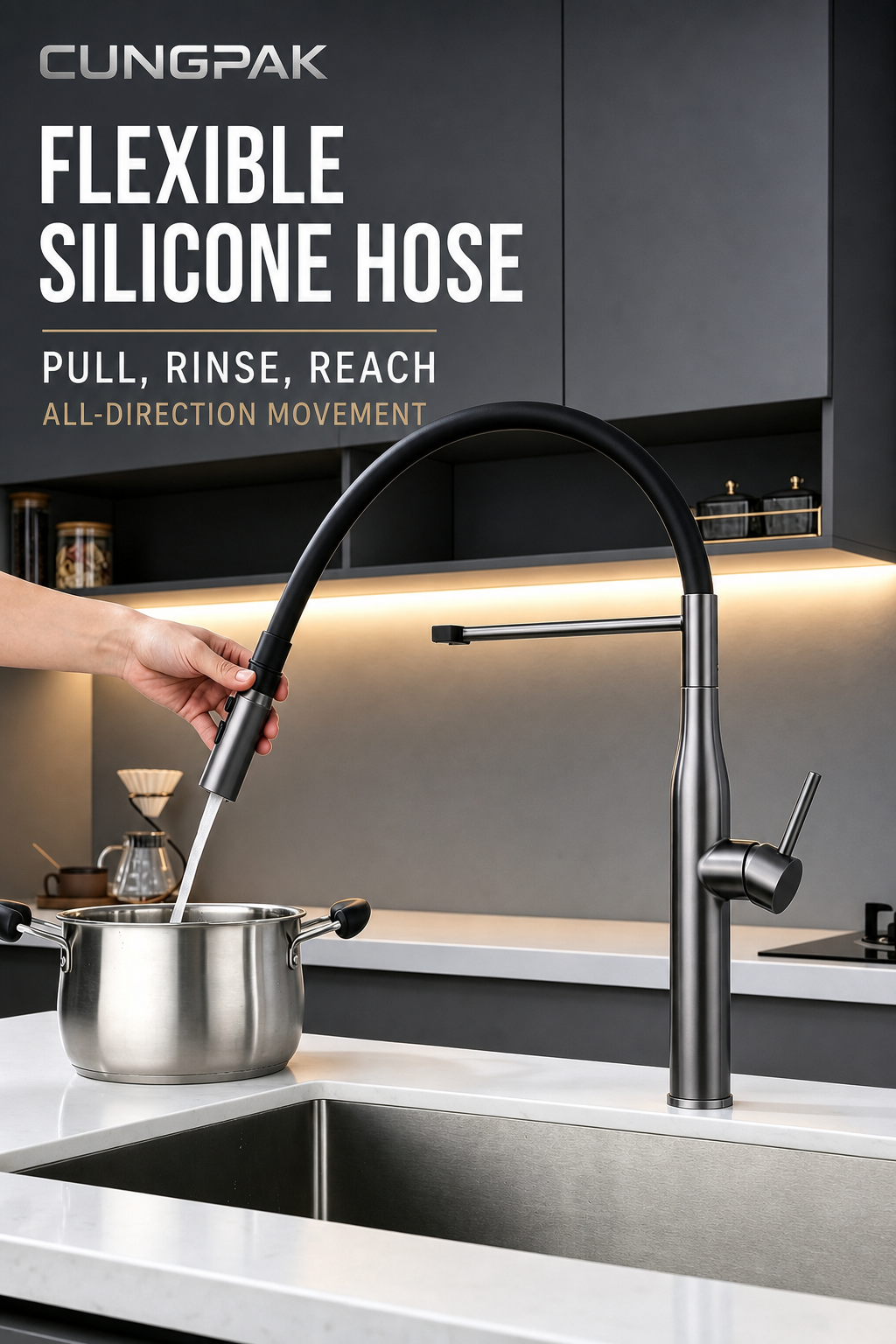 Flexible black silicone pull-down hose reaching cookware