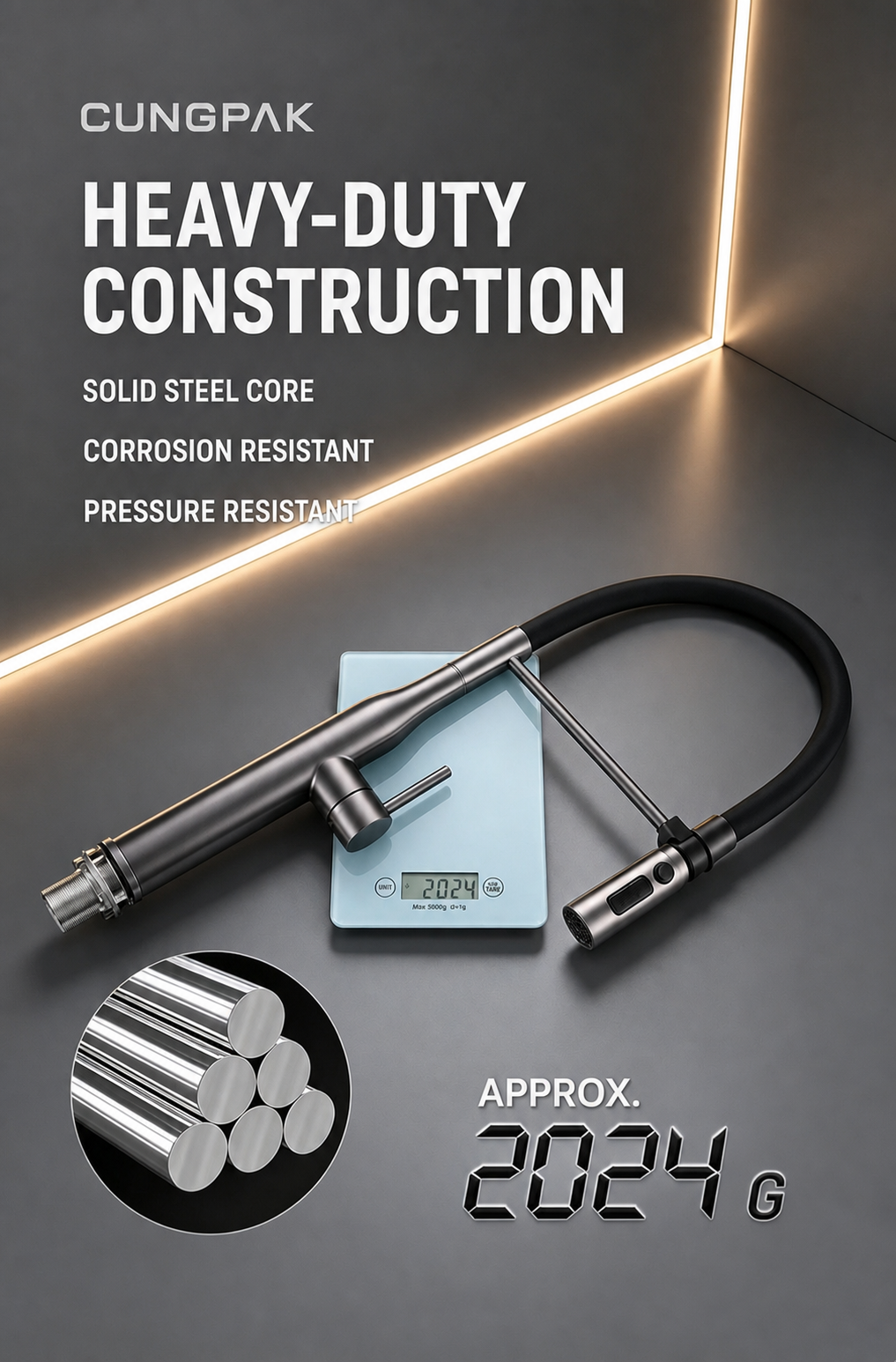 Heavy-duty CUNGPAK kitchen faucet construction and approximate weight