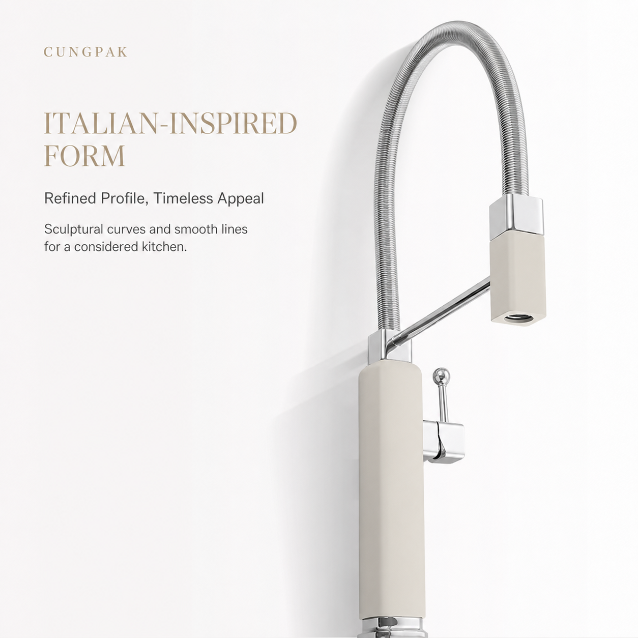 Italian-inspired CUNGPAK kitchen faucet in cream white and polished chrome