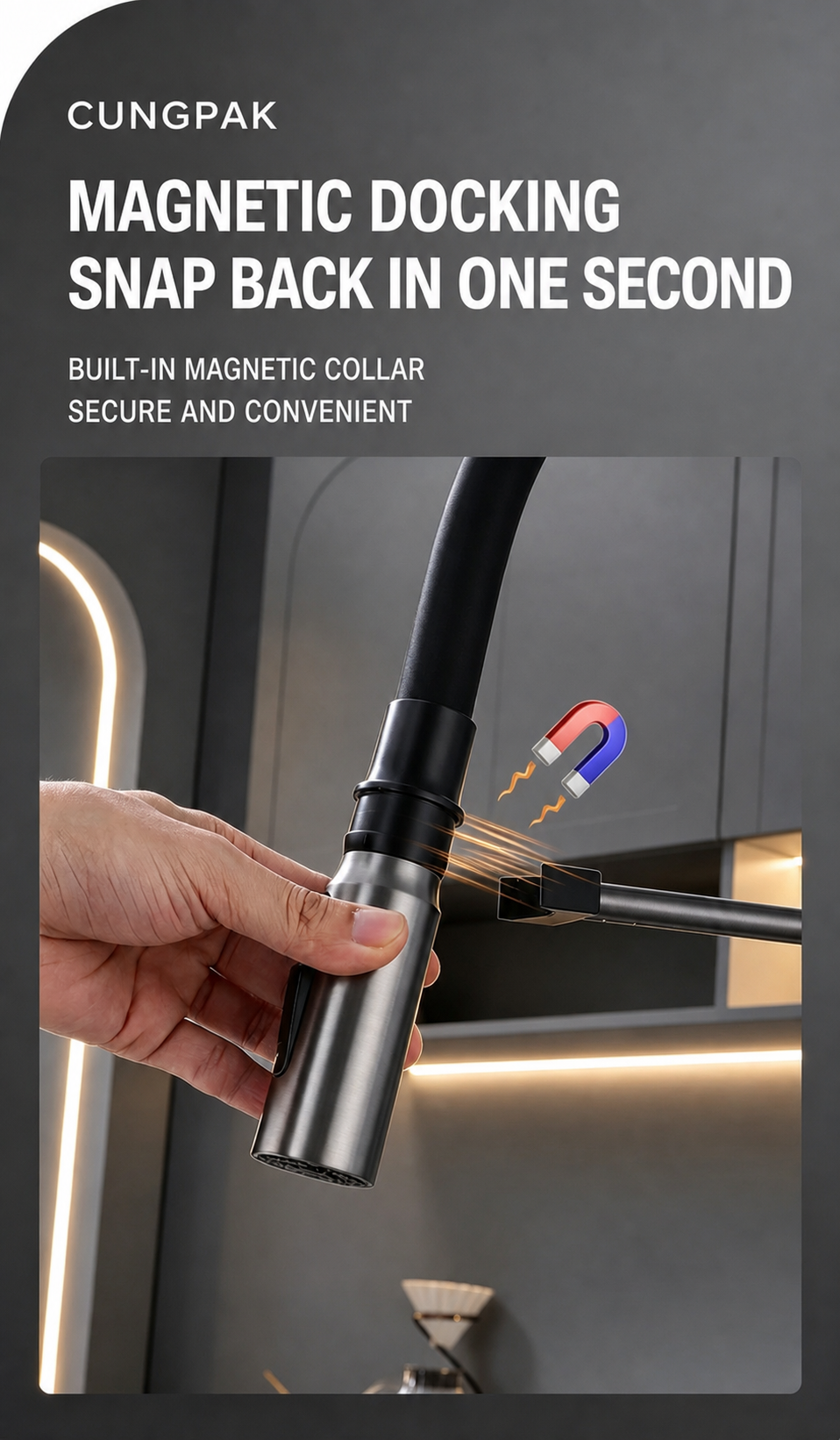 Magnetic docking pull-down spray head with secure one-second return