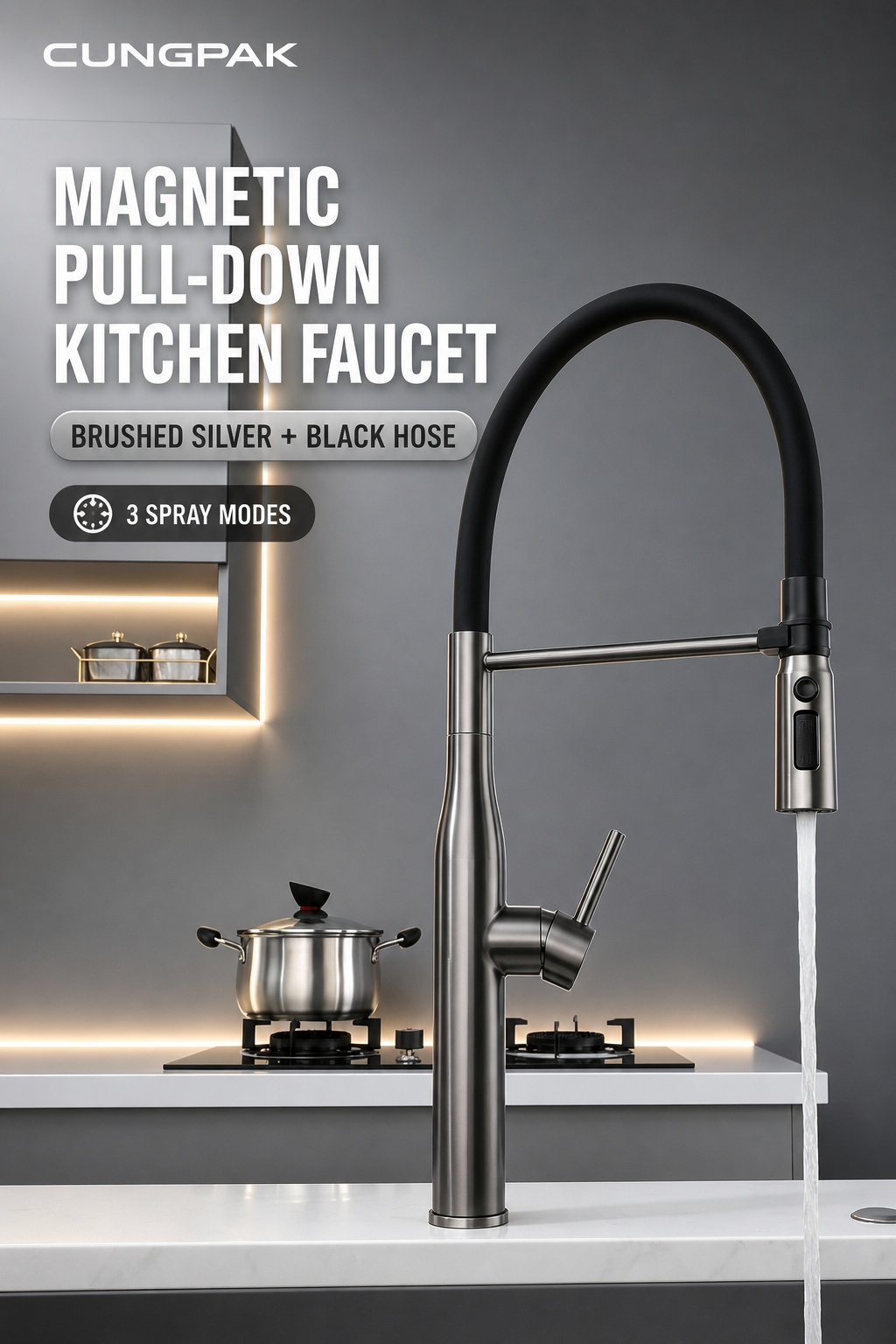 CUNGPAK magnetic pull-down three-mode kitchen faucet in brushed silver with black hose