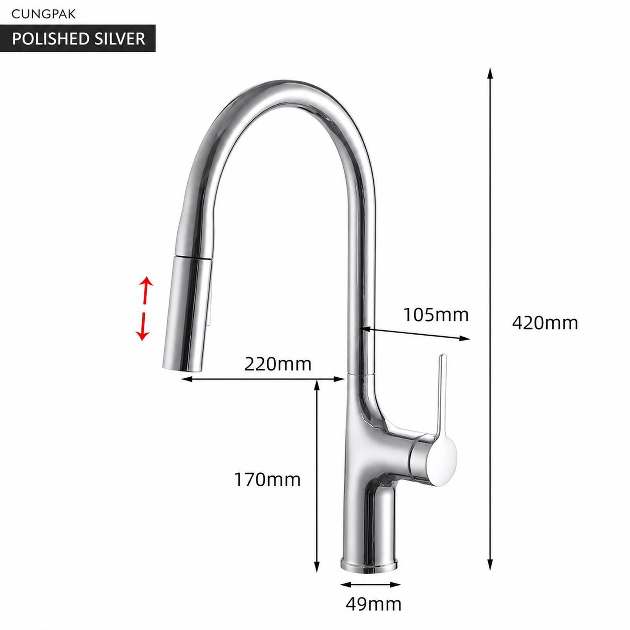 CUNGPAK polished-silver pull-down kitchen faucet with product dimensions