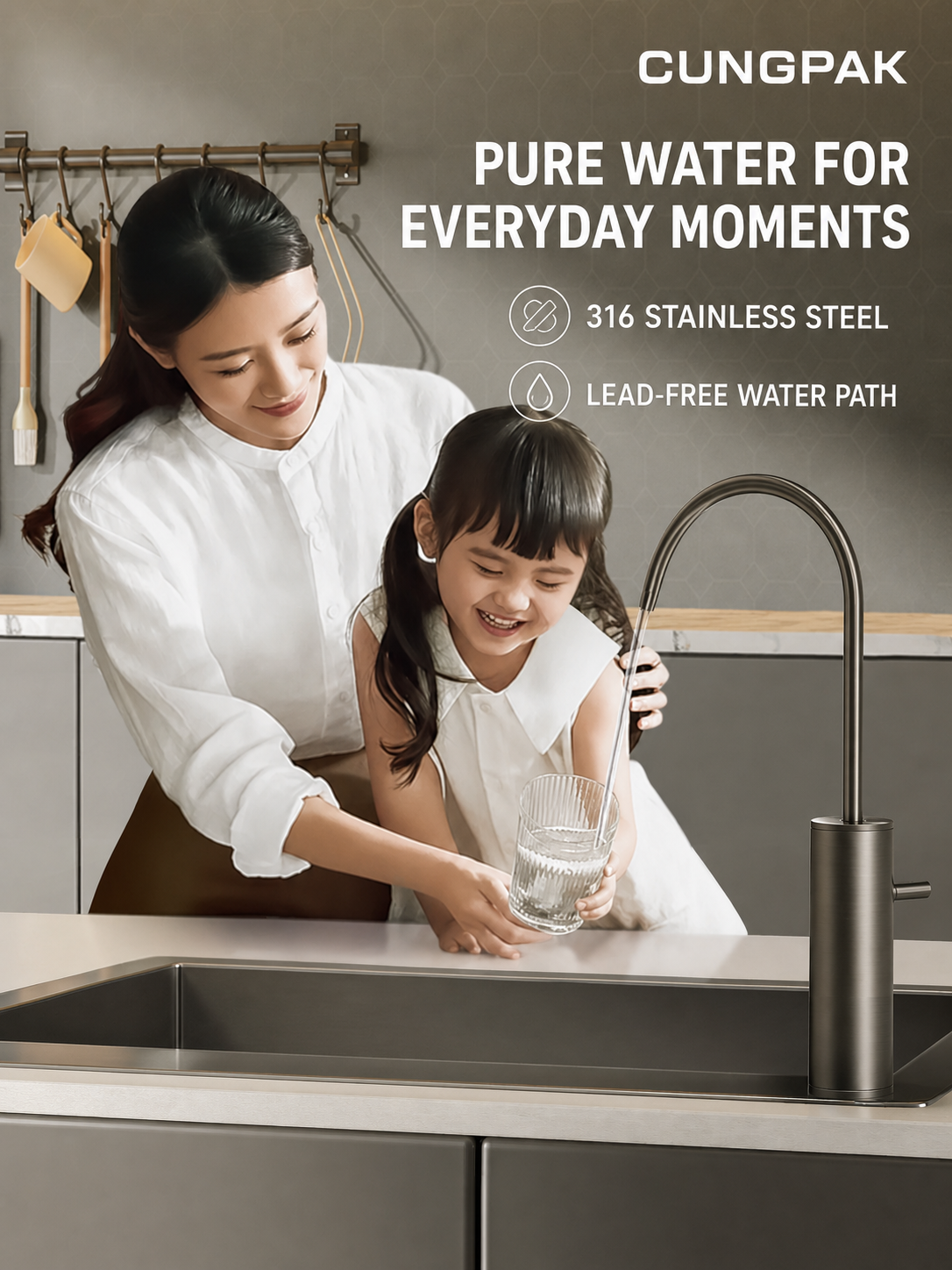 CUNGPAK filtered drinking water faucet in a family kitchen
