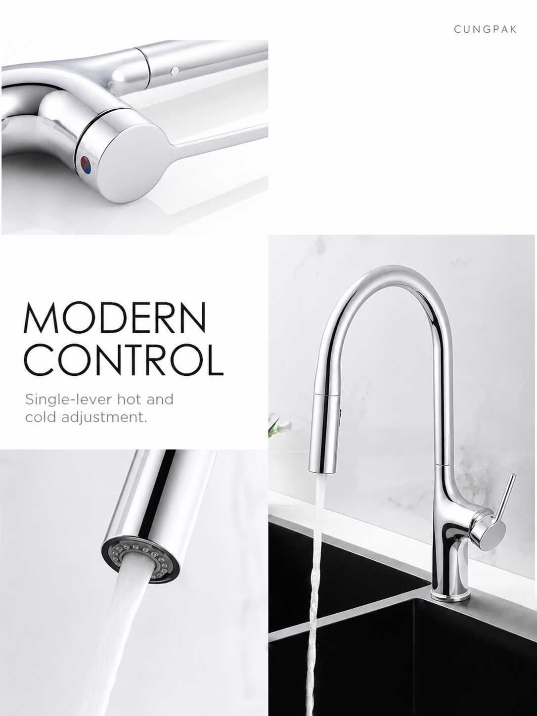 Single-lever hot and cold control on the CUNGPAK polished-silver faucet