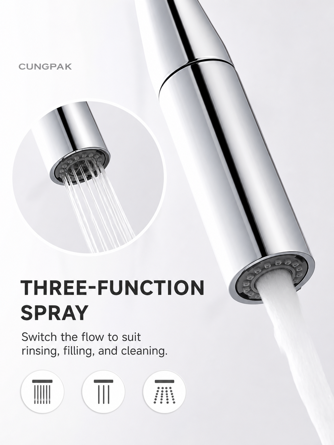 Three-function spray head on the CUNGPAK polished-silver kitchen faucet